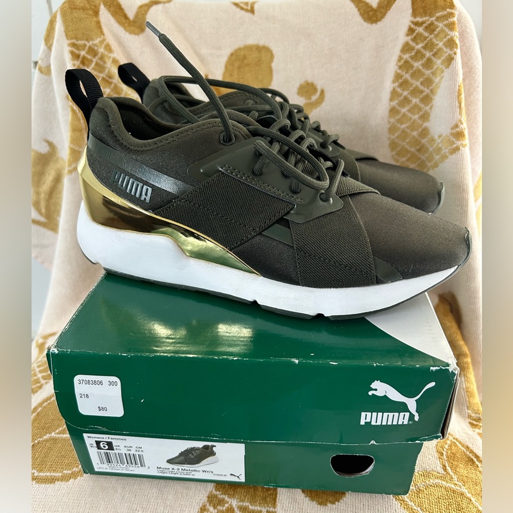 Women’s PUMA Muse X-2 - Army Green and Gold Metallic - Size 6